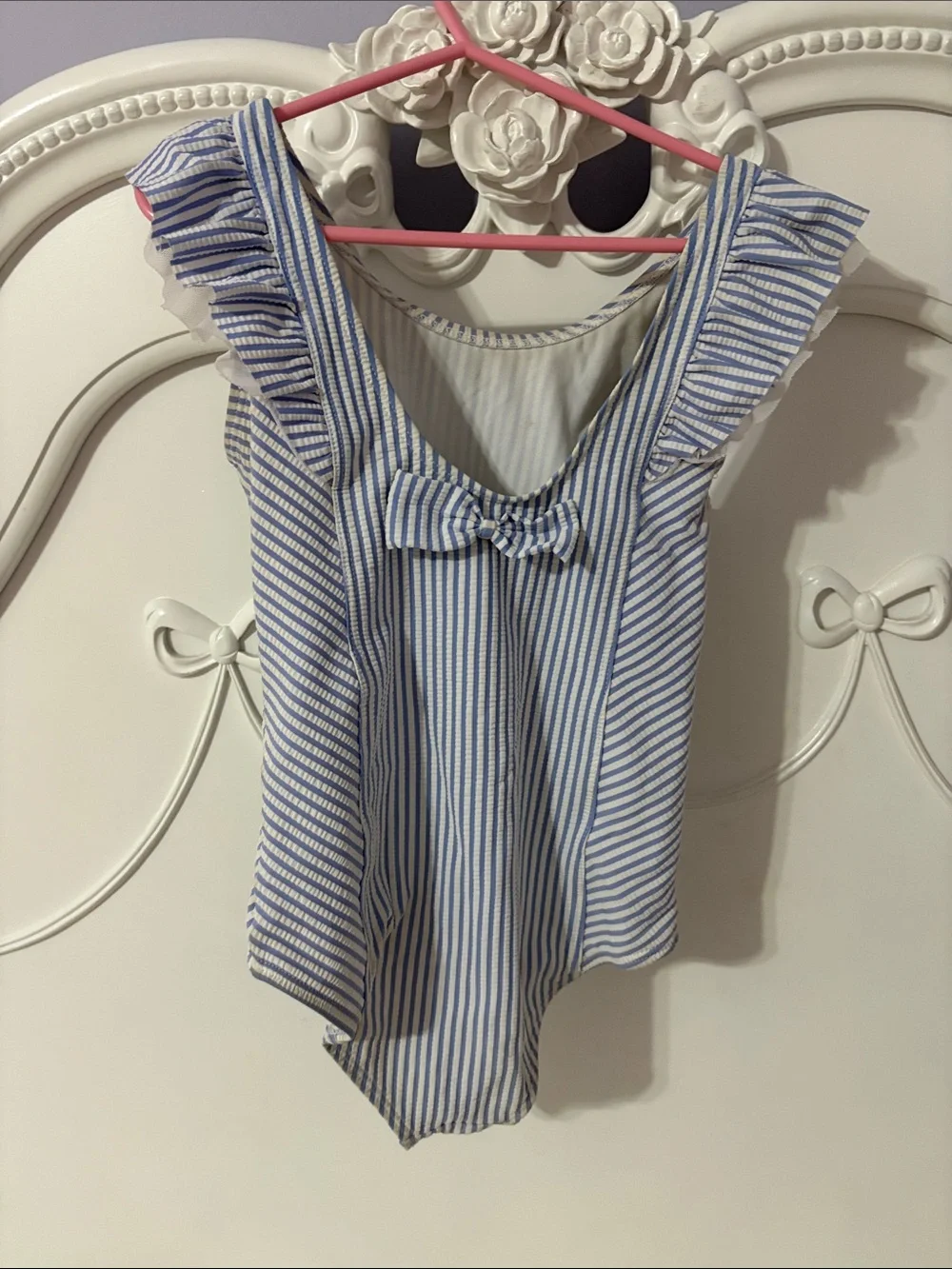 Girls' Blue & White Striped Ruffle butts One-Piece Swimsuit